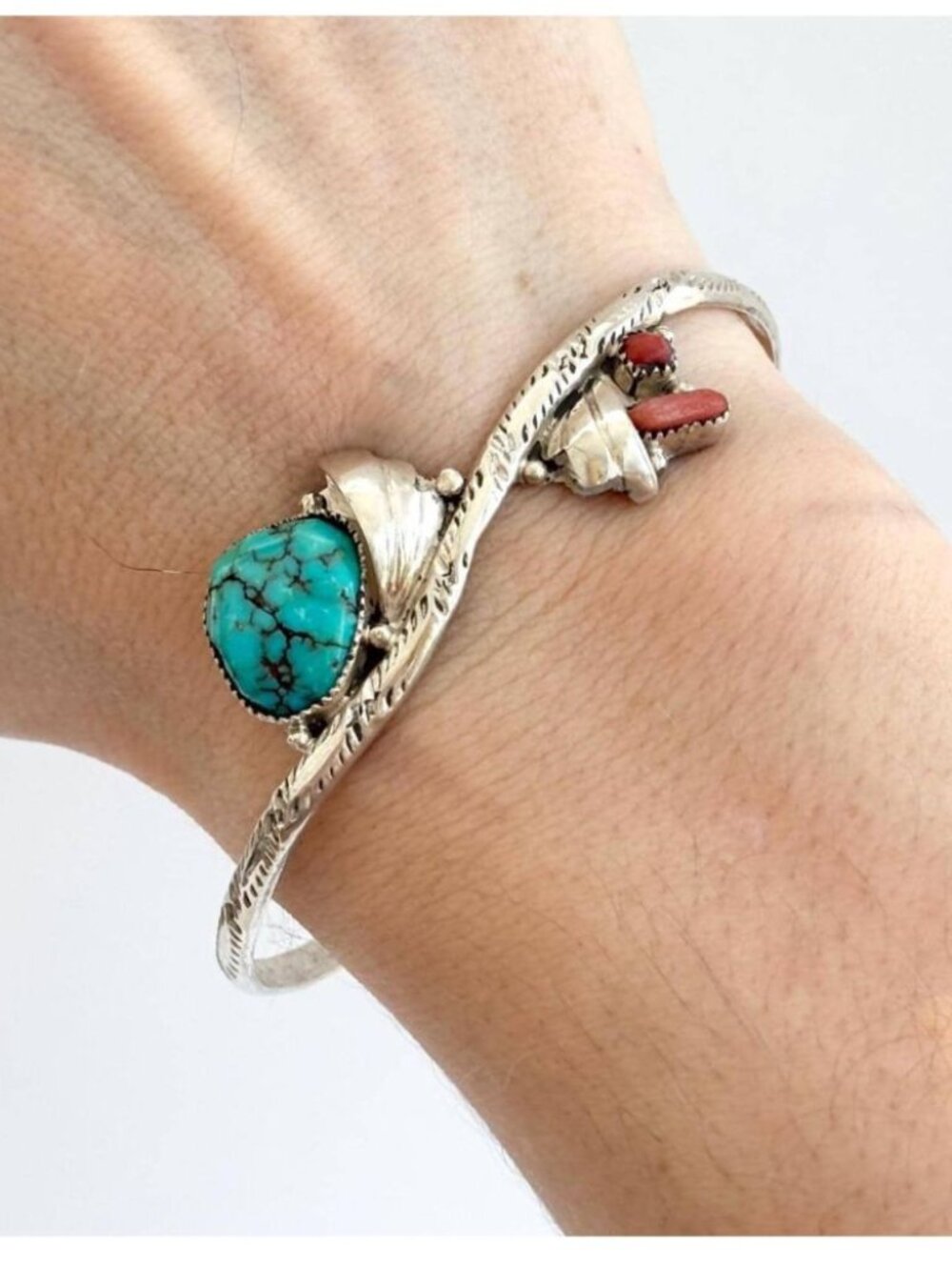 Southwest Turquoise & Coral Stone Native American Insp Vintage Cuff Bracelet